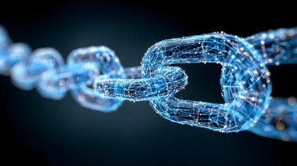 Illuminated digital chain links illustrate secure decentralized data structure concept
