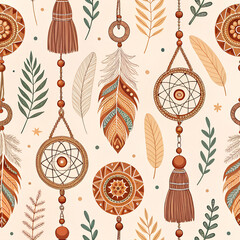 &ldquo;Boho-style seamless pattern with clay and macram&eacute; ornaments, warm earthy colors, tribal motifs, natural textures.&rdquo;