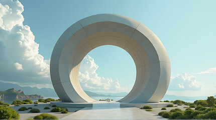 Monumental Circular Archway in Serene Coastal Landscape Under Blue Sky