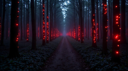 Mysterious Red Lights Illuminating Dark Forest Path at Night