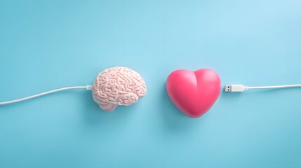Model of a human brain and a heart connected by a white cable against a light blue background