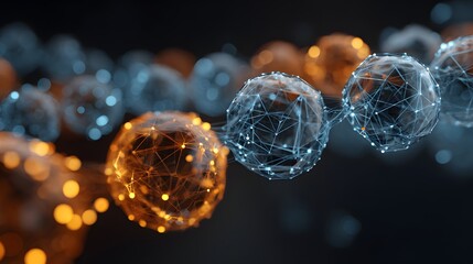 Illuminated digital spheres form a connected chain structure against a dark background