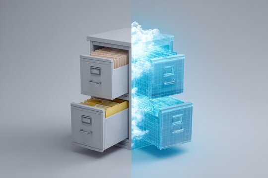 Metal filing cabinet transitioning into projected digital data, symbolizing document digitization and information management.