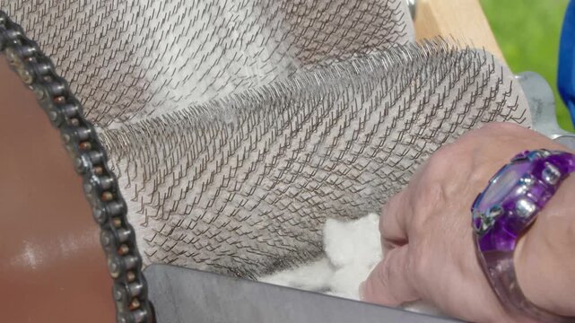 Close-up of wool being manually fed into a drum carder. Fiber processing, textile preparation, and traditional crafting workflow in detail.