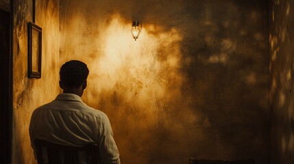 Pensive man sitting alone in a dimly lit room, facing a textured wall and a solitary light bulb casting shadows
