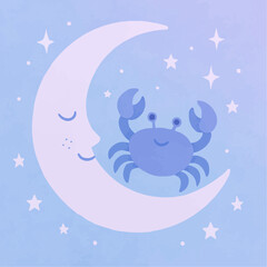 Cancer Zodiac Moon and Crab Flat Illustration