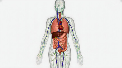 Comprehensive illustration of the human body showing major internal organs, designed for scientific, educational, and medical use.