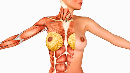 Detailed anatomical illustration of the female breast showing muscle layers, tissue structure, and internal composition for medical and educational purposes.