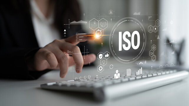 The concept of ISO certification for international quality management standards. A system for ensuring business process quality, efficiency, and compliance. Motif