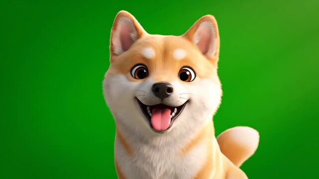 Adorable Animated Shiba Inu Dog Smiling on Green Screen.