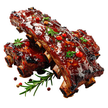 A close-up on costillar asado highlighting the charred edges and smoky flavor isolated on white background