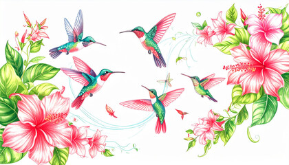 Soft Colored Pencil Tropical Flower & Hummingbird Doodles for Eco Tour Brochure