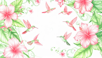 Soft Colored Pencil Tropical Flower & Hummingbird Doodles for Eco Tour Brochure