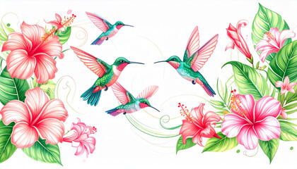 Soft Colored Pencil Tropical Flower & Hummingbird Doodles for Eco Tour Brochure