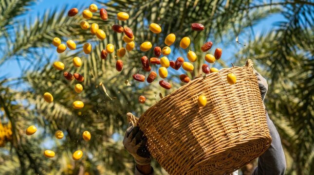 Dynamic Harvest Action: Tossing Fresh Dates in Wicker Basket
