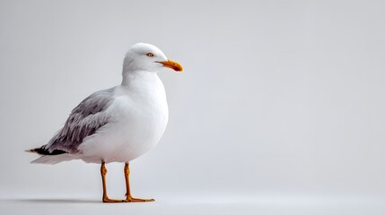 Fototapeta premium Individual white and gray seabird stands in profile against a muted light background