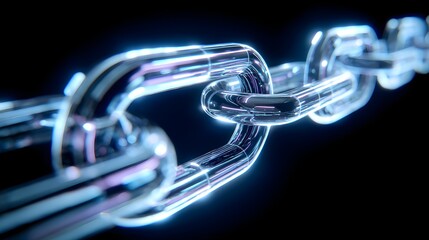 Glowing digital metal chain links extend across a dark background with focused depth of field