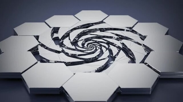 Futuristic metallic spiral vortex with floating hexagonal platforms and small figures