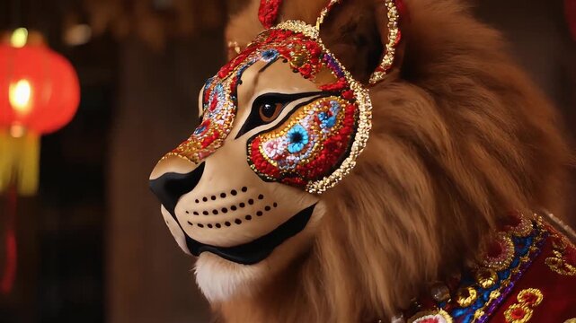 A vibrant and ornate lion costume head with intricate detailing, inspired by traditional Asian celebrations and parades