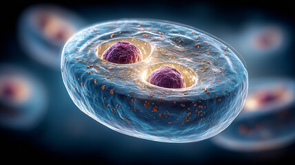 A dividing cell with two nuclei representing biological growth, cellular processes and scientific exploration.

