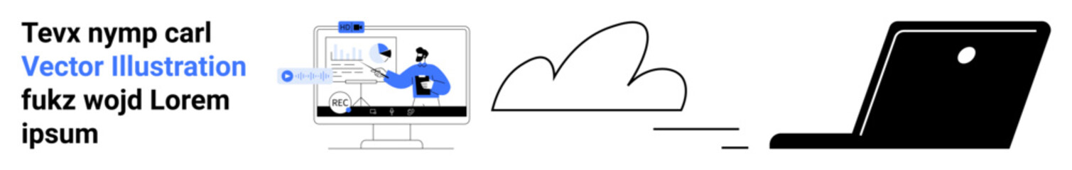 Cloud storage, remote work, technology, digital access, network communication, online computing. Desktop monitor displaying digital content, cloud icon laptop. Cloud storage and remote work