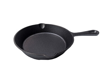 Empty cast iron pan isolated on white background