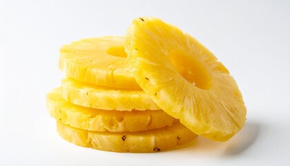 Indonesian honey pineapple rings stacked neatly, juicy texture highlighted, high-resolution detail, soft shadow on white background 