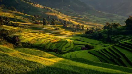 Lush green agricultural terraces cascade down steep, sun-drenched mountain slopes