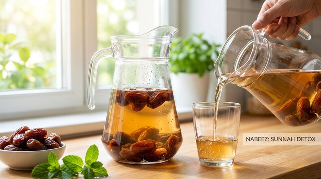 Pouring Refreshing Nabeez Date Infused Water from Pitcher