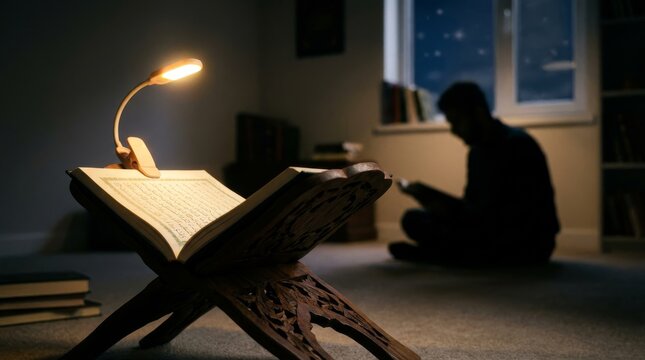 Low Angle of Open Quran on Wooden Rehal with Reader Silhouette