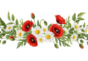 Vibrant floral arrangement featuring red poppies white daisies and lush green foliage on black