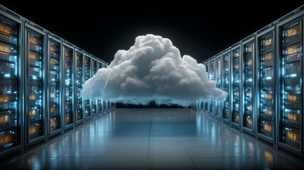 A cloud suspended between data servers symbolizing modern cloud computing, secure digital operations and large scale technological infrastructure.
