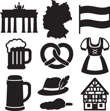 A comprehensive collection of traditional german icons including landmarks and cultural symbols isolated on white background, Vector, illustration