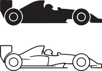 Stylized vector icon set featuring a formula 1 race car, presented in both silhouette and outline versions. isolated on white background, Vector, illustration