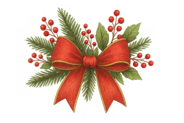 Christmas ribbon bow with pine branches and red berries watercolor illustration on transparent background