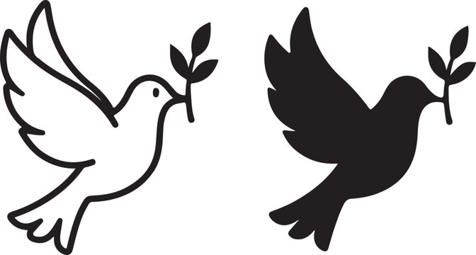 Black and white outline and silhouette of a flying dove holding an olive branch isolated on white background, Vector, illustration