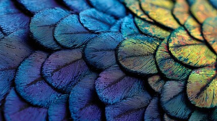 Iridescent avian plumage displays a vibrant transition from deep blue to bright yellow-green hues.