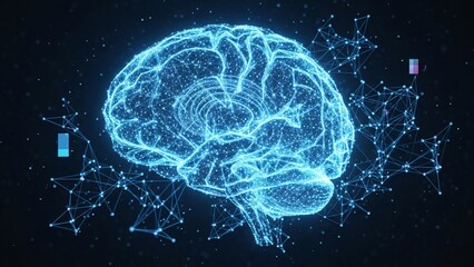 Digital Brain Hologram with Neural Network Connections on Dark Background.