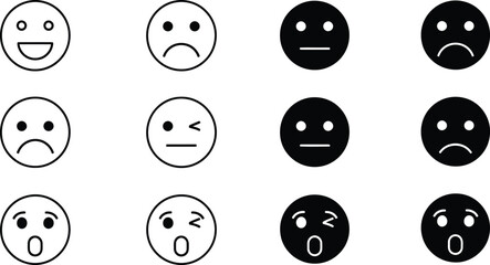 Collection of diverse facial expressions emoticons silhouette isolated on transparent background