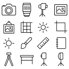 Obraz premium Photography essentials icon: A captivating collection of iconic photography elements. including the tools and elements essential for the art of capturing moments and creative expression.