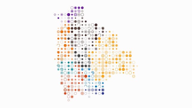 Bolivia map animation. Shape of the country with pulsating colored dots. Large size circle blocks. Digital style Bolivia map on white background. Beautiful video.