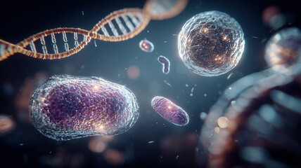 A biological cell environment concept displaying active microscopic organisms symbolizing life processes and scientific exploration.

