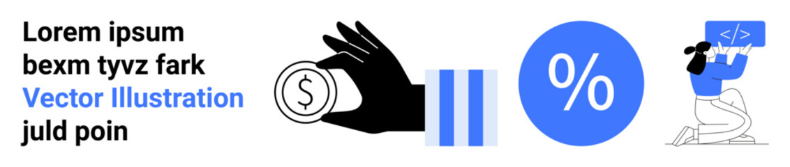 Finances, coding, technology, savings, investments, digital economy. Hand holding a coin, percentage symbol person coding. Finances and technology with key visual elements