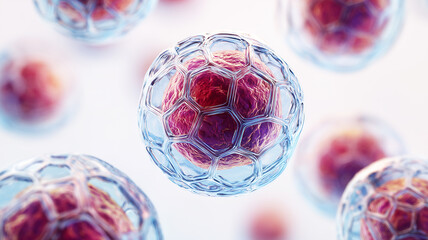 Encapsulated biological cell surrounded by a geometric membrane illustrating protection, molecular structure and advanced scientific innovation.
