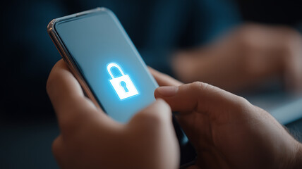 Smartphone displaying a security lock icon symbolizing data protection, privacy assurance and advanced digital safety measures.
