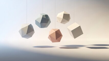 Abstract geometric shapes floating in a minimalist setting with soft lighting.