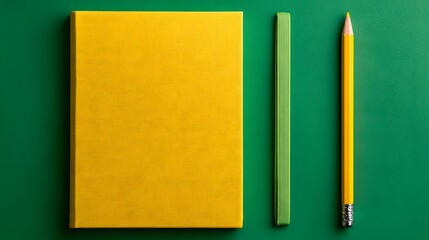 Bright yellow notebook and writing instrument laid out vertically on vibrant green background