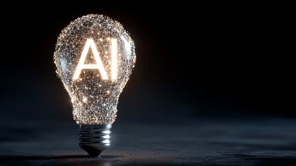 Light bulb made of digital nodes forming the letters AI symbolizing intelligence, innovation, and the concept of transformative ideas.
