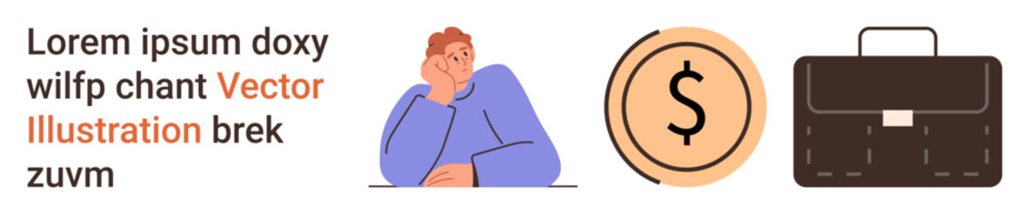 Career planning, financial growth, business management, investment ideas, corporate strategies, decision-making. Person deep in thought, a coin symbol and a briefcase. Career and financial growth