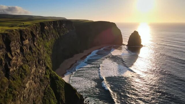 Cliffs of Moher Ireland Aerial View at Sunset.